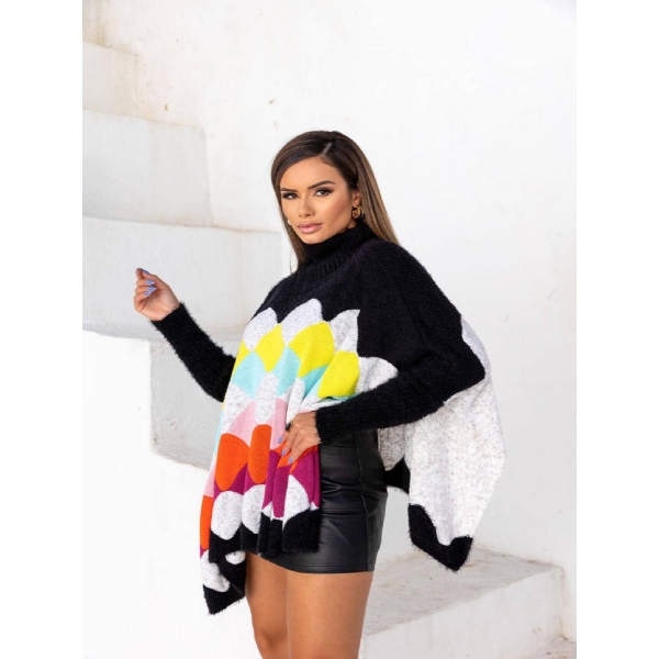 Poncho Feminino Tricot Colorido Estilo Oversized Gola Alta - Multicolorido