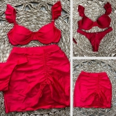 Kit 03 Peças Biquíni De Babado + (Saia Saída de Praia Tam Único) - Vermelho