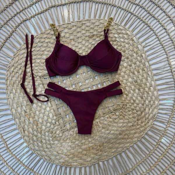 Biquíni  com Duas Alças Corrente e Lisa Calcinha com Tiras - Vinho