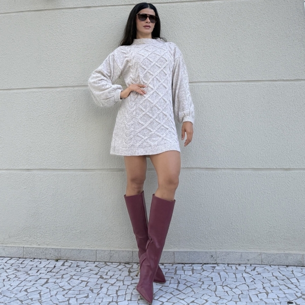 Vestido Curto Tricot Mousse com Trama Trancada e Manga Longa - Mescla