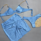 Kit 03 Itens Biquíni Corrente E Lisa Calcinha Com Tiras - Azul-aço