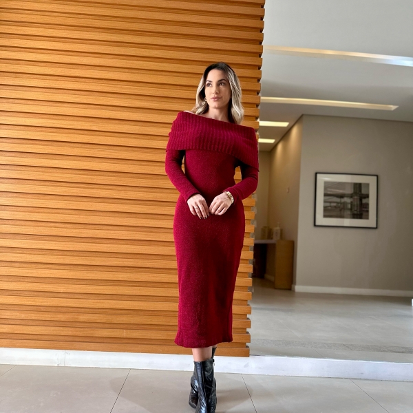 Vestido De Tricot Ombro a Ombro Mídi - Vermelho