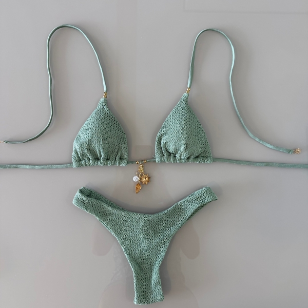 Biquíni Cortininha Pingentes No Top E Asa Delta Texturizado - Verde Menta