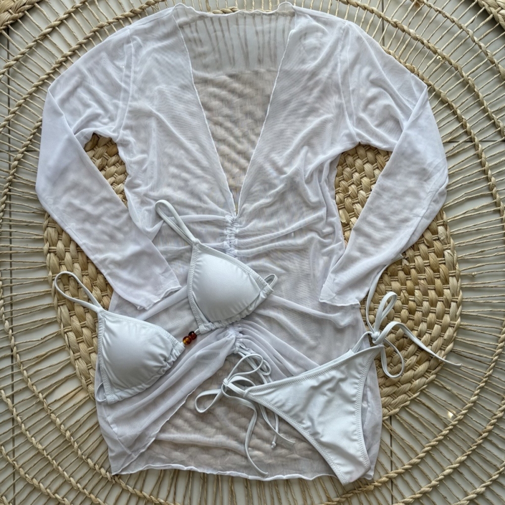 Kit 3 Itens Conj Biquíni Cortininha com Saída de Praia Tule - Branco