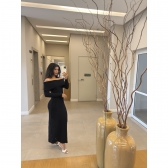 Vestido Modal Canelado Ombro a Ombro Midi com Manga Longa - Preto