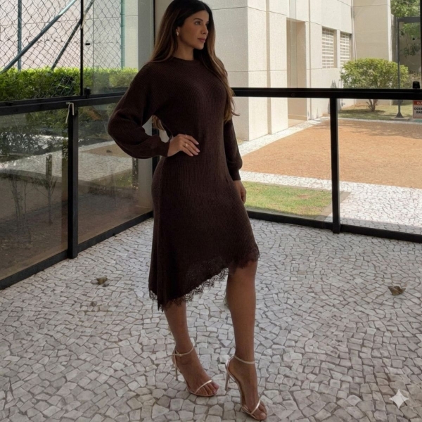 Vestido Tricot Mousse Feminino com Renda – Manga Longa - Marrom Escuro