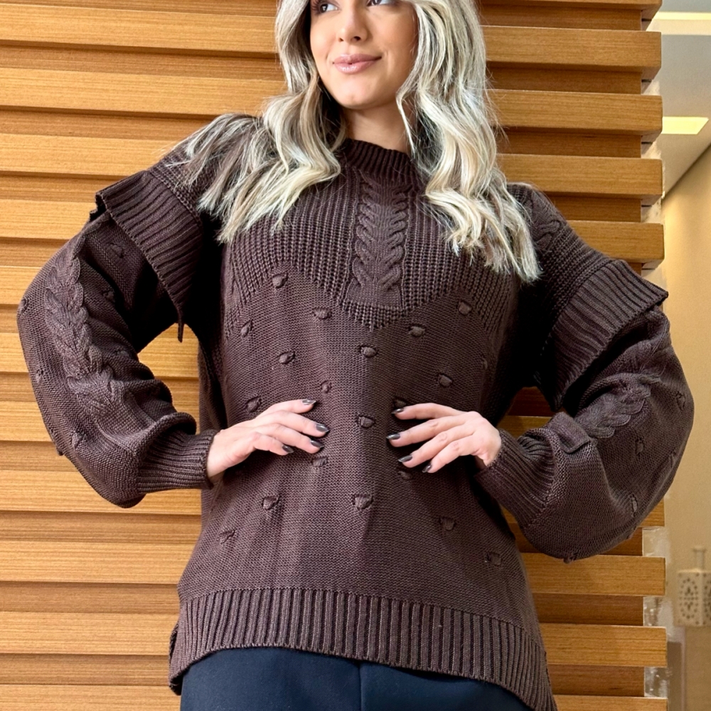 Blusa Tricot Babado nas Mangas - Marrom