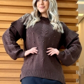 Blusa Tricot Babado nas Mangas - Marrom