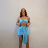 Kit Biquini Aplique Em Pedraria + Saia Com Amarração Frontal - Azul