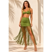Triquini Saia Franja Longa Top E Calcinha Com Pedraria - Verde