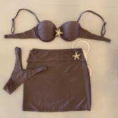 Kit 3 Pçs Biquíni Estrela Dourada E Calcinha Asa Delta+saia - Café