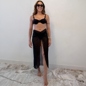 Kit Biquini Com Detalhe e Saia Pareô Transparente Cruzada - Preto