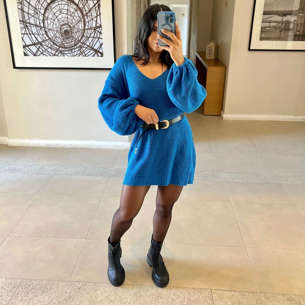 Mini Veste De Tricot Fio Mousse - Azul