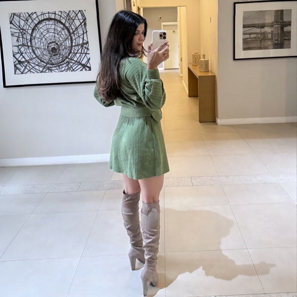 Conjunto Tricot Blusa E Saia Plissada C Cinto Tecido Mousse - Verde