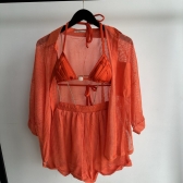 Cj Saída De Praia De Renda Blusa Manga 3/4 e Short - Laranja