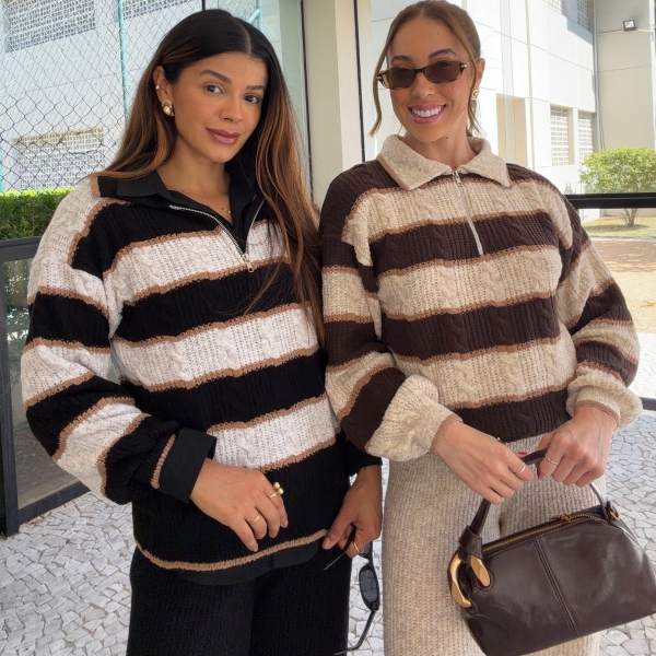 Conjunto Tricot Feminino Blusa Polo Listrada Zíper e Calça - Preto