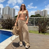 Kit Biquíni Calças + Top Cortininha E Calcinha Empina Bumbum - Bege