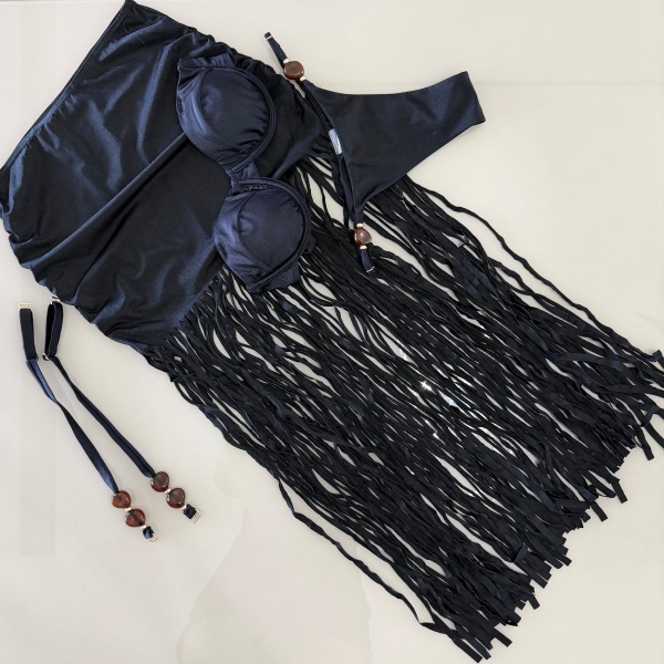 Triquini Saia Franja Longa Top E Calcinha Com Pedraria - Preto
