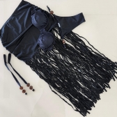 Triquini Saia Franja Longa Top E Calcinha Com Pedraria - Preto