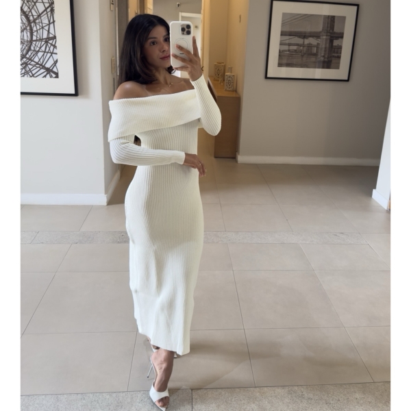 Vestido Modal Canelado Ombro a Ombro Midi com Manga Longa - Off