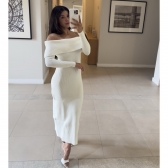 Vestido Modal Canelado Ombro a Ombro Midi com Manga Longa - Off