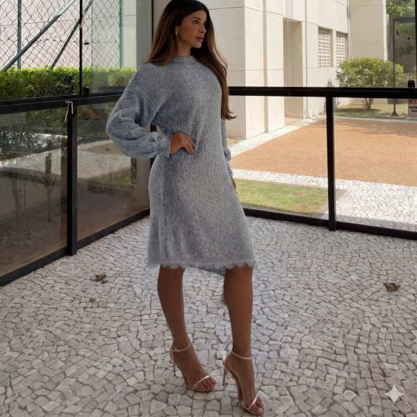 Vestido Tricot Mousse Feminino com Renda – Manga Longa - Cinza