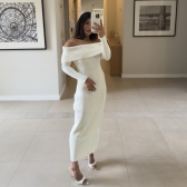 Vestido Modal Canelado Ombro a Ombro Midi com Manga Longa - Off