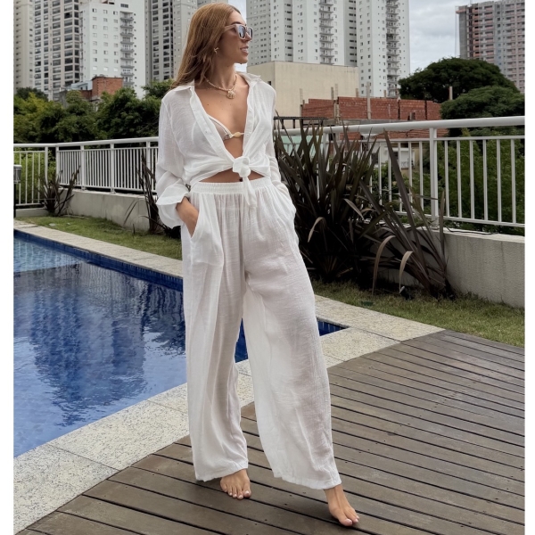 Saída de Praia Feminina Conjunto Camisa e Calça - Branco