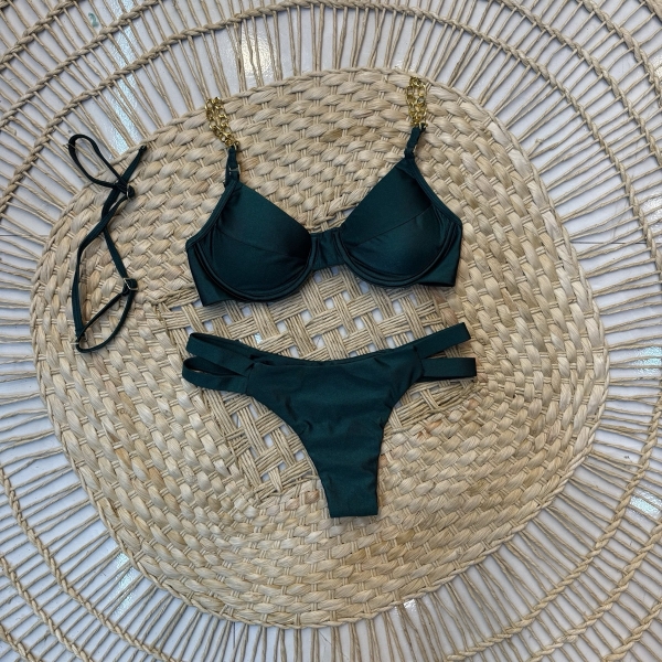 Kit 03 Itens Biquíni Corrente E Lisa Calcinha Com Tiras - Verde-escuro