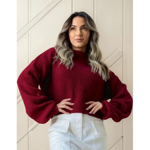 Blusa Cropped Mousse Feminina Elly Modas Manga Longa Inverno - Vermelho