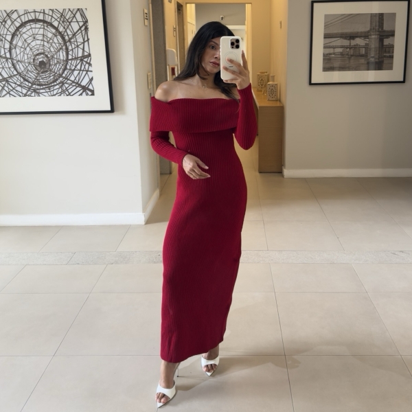 Vestido Modal Canelado Ombro a Ombro Midi com Manga Longa - Vermelho