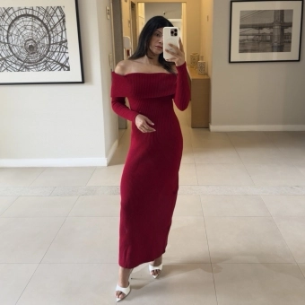 Vestido Modal Canelado Ombro a Ombro Midi com Manga Longa