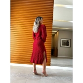 Vestido De Tricot Mousse Midi Forma Geométrica Corrente Nas Mangas - Vermelho