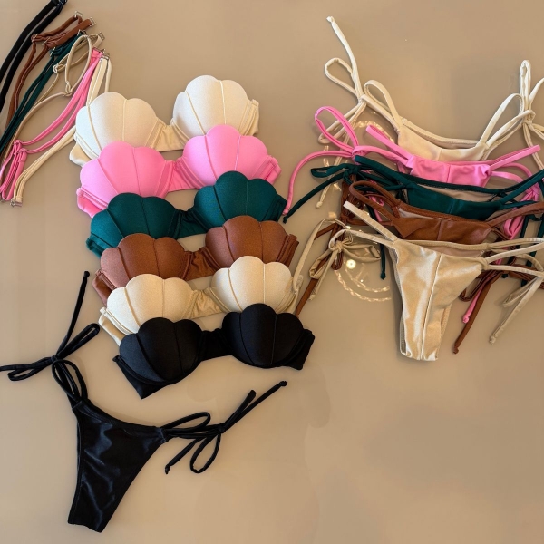 Biquíni Top Concha Calcinha Fio Duplo Com Amarrações - Rosa Bebe