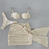 Kit Biquini Aplique Em Pedraria + Saia Com Amarração Frontal - Bege