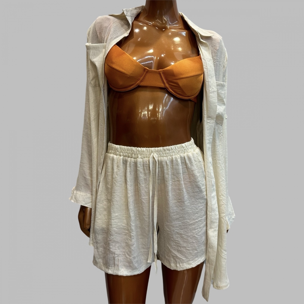 Conjunto Saída De Praia Viscolinho - Chemise e Short - Bege Claro
