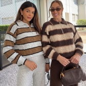 Conjunto Tricot Feminino Blusa Polo Listrada Zíper e Calça - Marrom