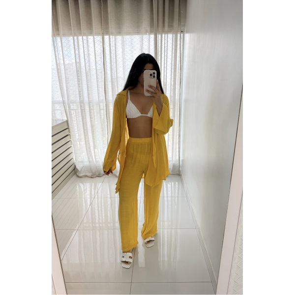 Blusa E Calça Em Tecido Leve  Saída De Praia Lisa - Amarelo