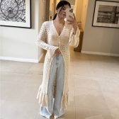 Maxi Cardigan Tricot Longo com Botões e Manga Flare - Bege Claro