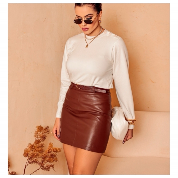 Saia De Couro Com Cinto E Zíper Lateral - Terracota