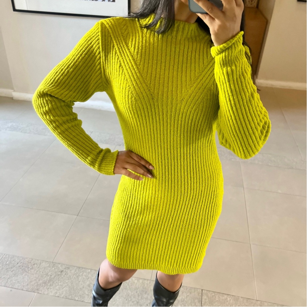 Vestido De Tricot Mousse Curto Canelado - Verde-lima