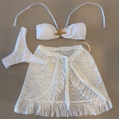 Conjunto De Biquini 3 Peças Em Renda + Saia Com Franja - Branco