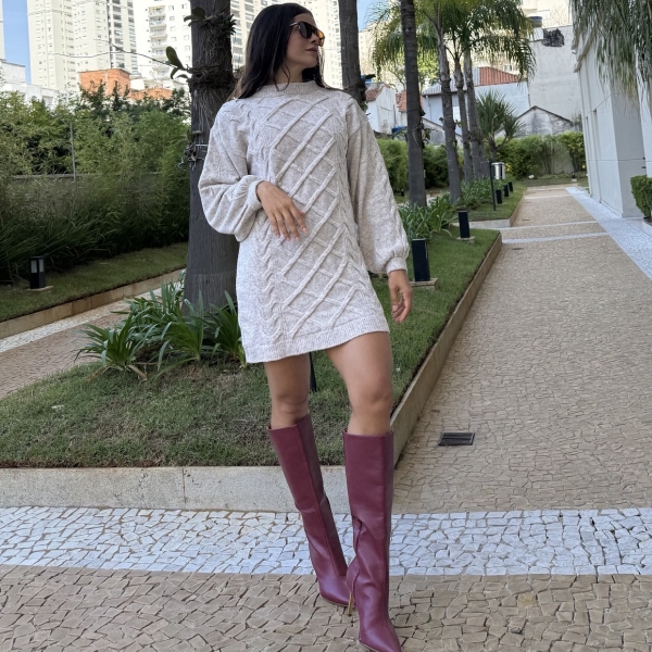 Vestido Curto Tricot Mousse com Trama Trancada e Manga Longa - Mescla