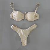 Kit Biquini Aplique Em Pedraria + Saia Com Amarração Frontal - Bege