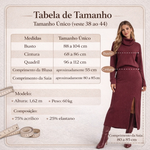 Conjunto Tricot Blusa com Cachecol Fixo Saia Midi com Fenda - Caramelo