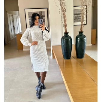 Vestido De Tricot Graça Canelado Midi Com Fendas