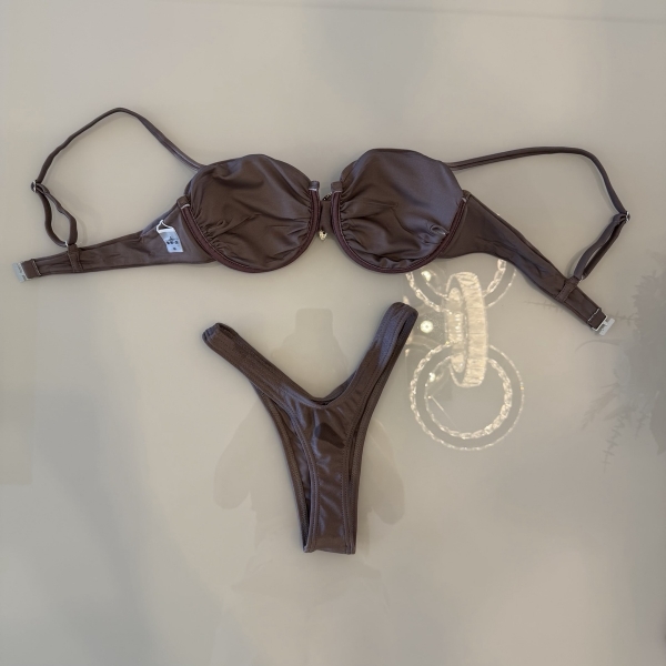 Kit 3 Pçs Biquíni Estrela Dourada E Calcinha Asa Delta+saia - Café