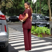 Conjunto Feminino Tricot Mousse Blusa Com Botões + Calça - Vinho