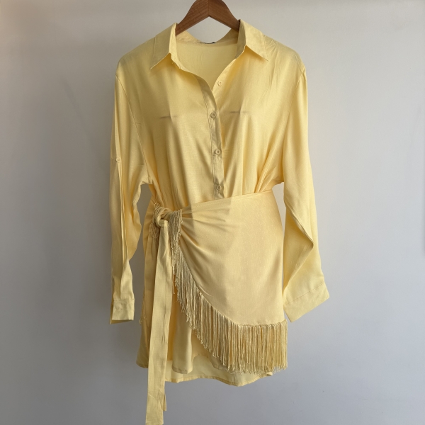 Conj Saída De Praia Chemise Manga Longa E Saia Franja Resort - Amarelo