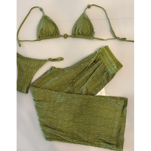 Conjunto Triquíni Cortininha Com Calça Pantalona 3 Peças - Verde Olivia